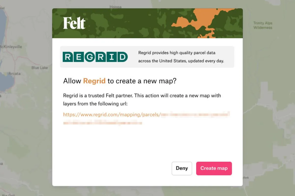 A screenshot of a Felt dialog asking whether to allow Regrid to create a new map from a parcel data URL