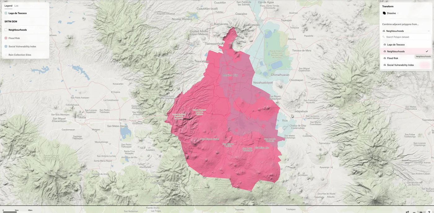 The Dissolve transformation in Felt combining Mexico City neighborhood polygons, shown in pink