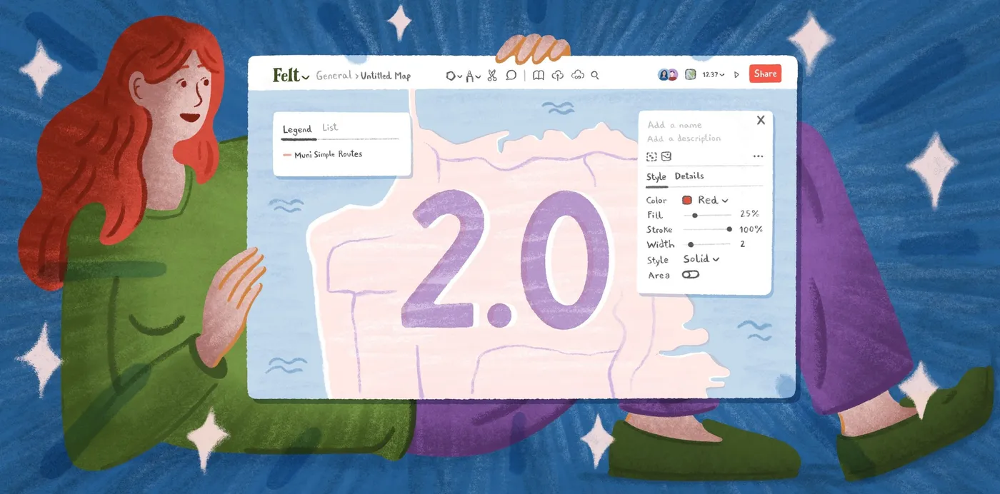 An illustration of a woman holding up a Felt map window marked 2.0, with the legend and style panels open