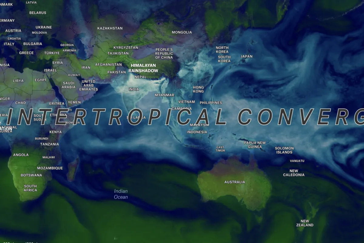 A Felt map of precipitable water with the intertropical convergence zone and the Himalayan rainshadow labeled