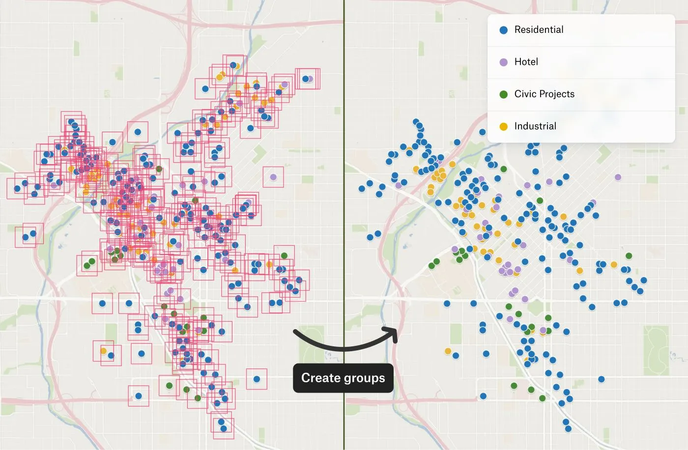 A Felt map before and after grouping, with scattered boxed points becoming one group colored by land use type