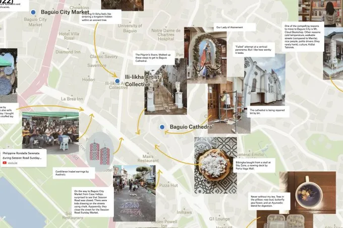 A Felt map of Baguio with photos and notes from a trip, linked by arrows between places like Baguio Cathedral