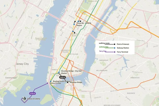 A Felt map of New York City with subway lines, a ferry route and walking routes to sights like the Statue of Liberty
