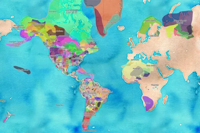 A Felt world map of Indigenous territories in bright colored polygons over a watercolor basemap