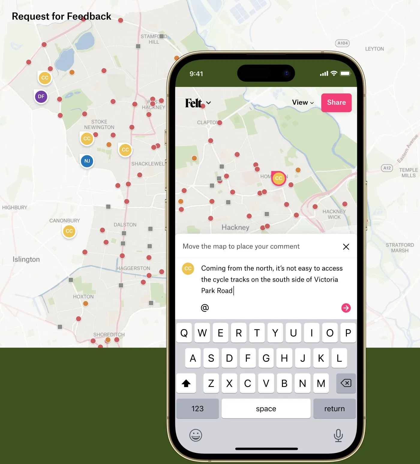 A phone showing a Felt map shared for public feedback, with a viewer typing a comment about cycle tracks