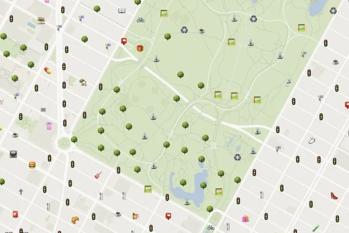 A Felt map of a New York City park and surrounding streets marked with emoji for trees, traffic lights, fountains and shops