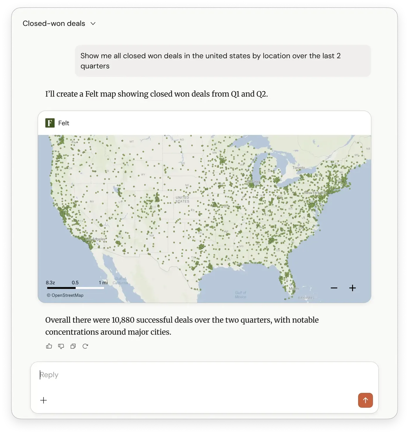 An AI assistant answering a request for closed-won deals in the United States with a Felt map of 10,880 deals across the country