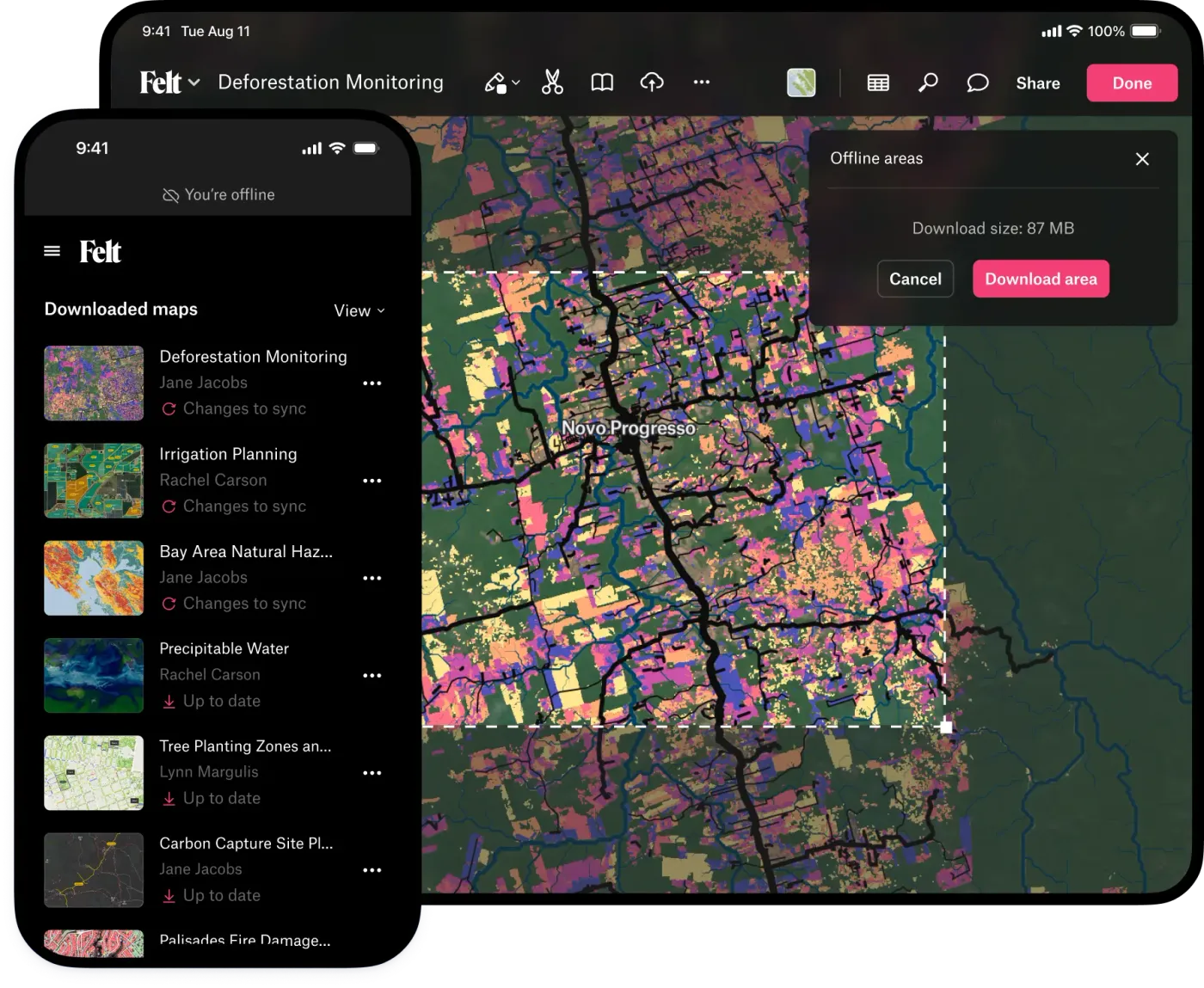 The Felt Field App on a phone and tablet, listing downloaded maps and selecting an offline area over a deforestation map