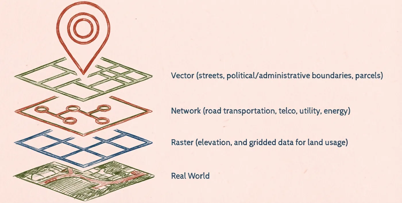 Diagram showing layered geospatial data types, vector features, network connections, raster grids, and real-world base maps stacked beneath a location pin.