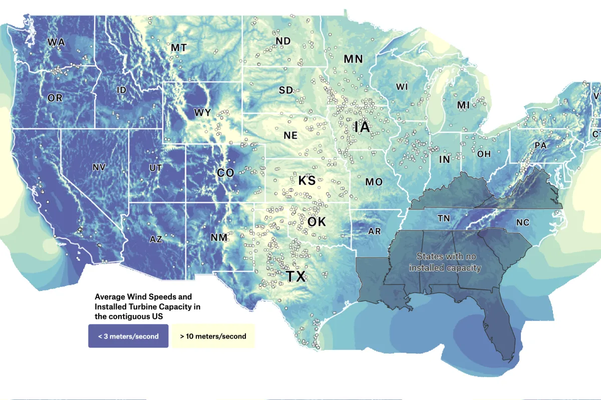 A Felt map of average wind speeds and installed turbine locations across the contiguous US