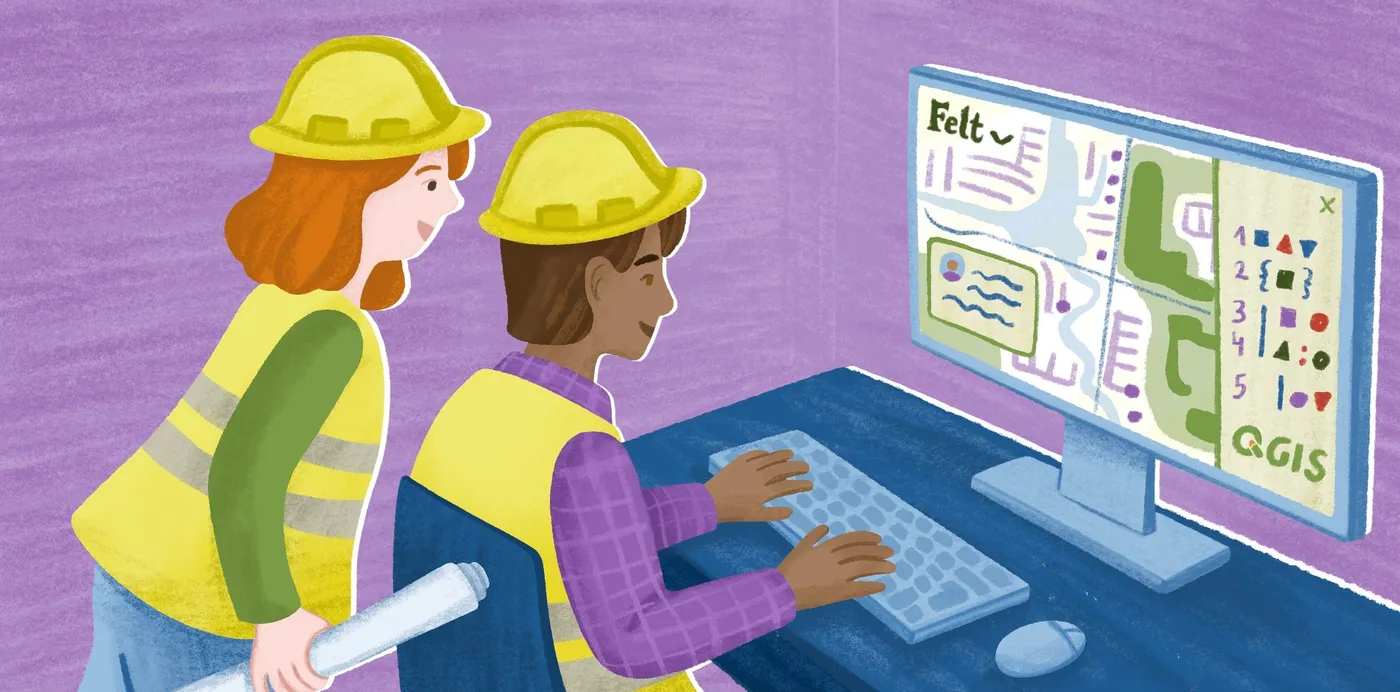 An illustration of two construction workers in hard hats reviewing a Felt map on a computer screen