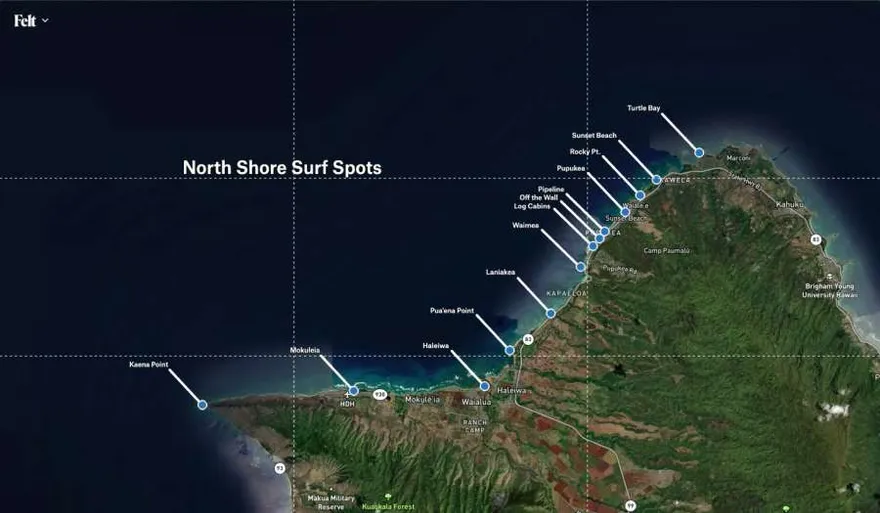 A Felt satellite map of North Shore surf spots with rule of thirds grid lines overlaid on the coastline