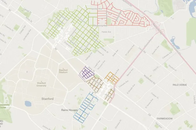 A Felt map of Palo Alto with residential preferential parking districts outlined in different colors by street