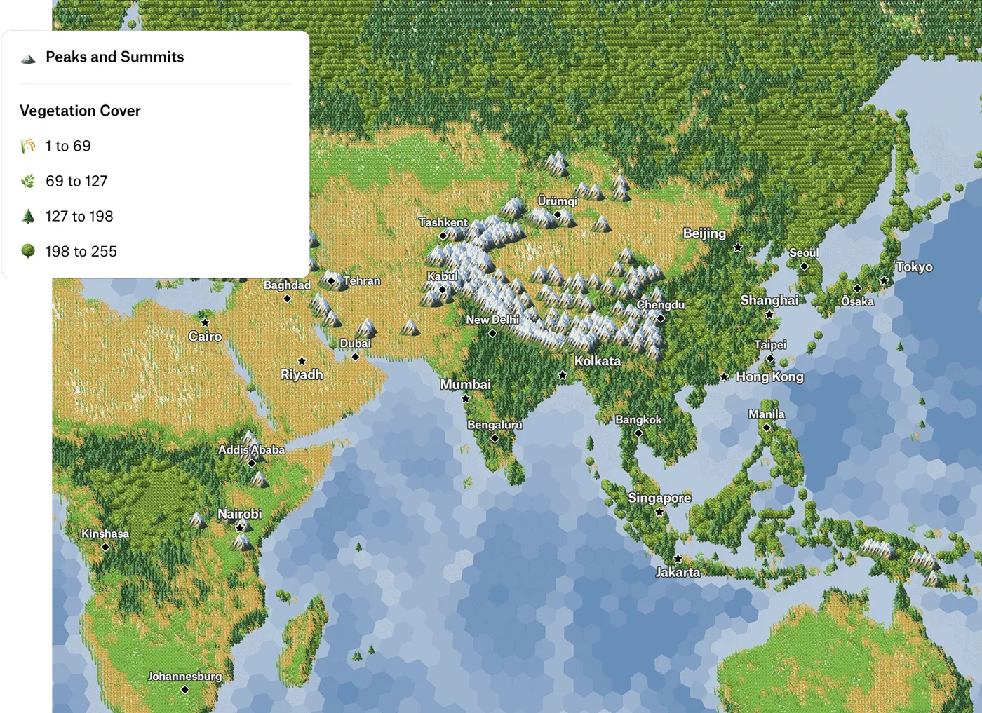 A map of Asia with H3 hexagons symbolized by vegetation cover icons and mountain icons for peaks and summits