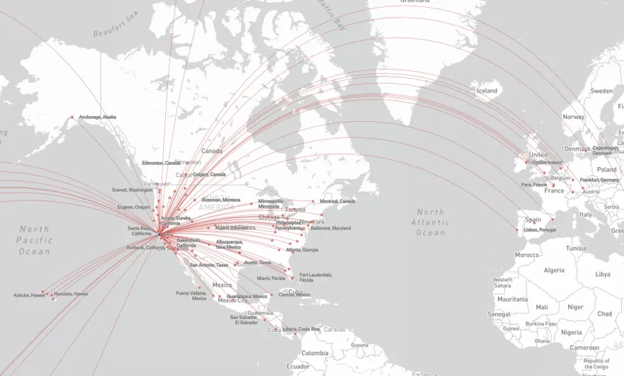 A map of great-circle lines from San Francisco International Airport to every nonstop destination