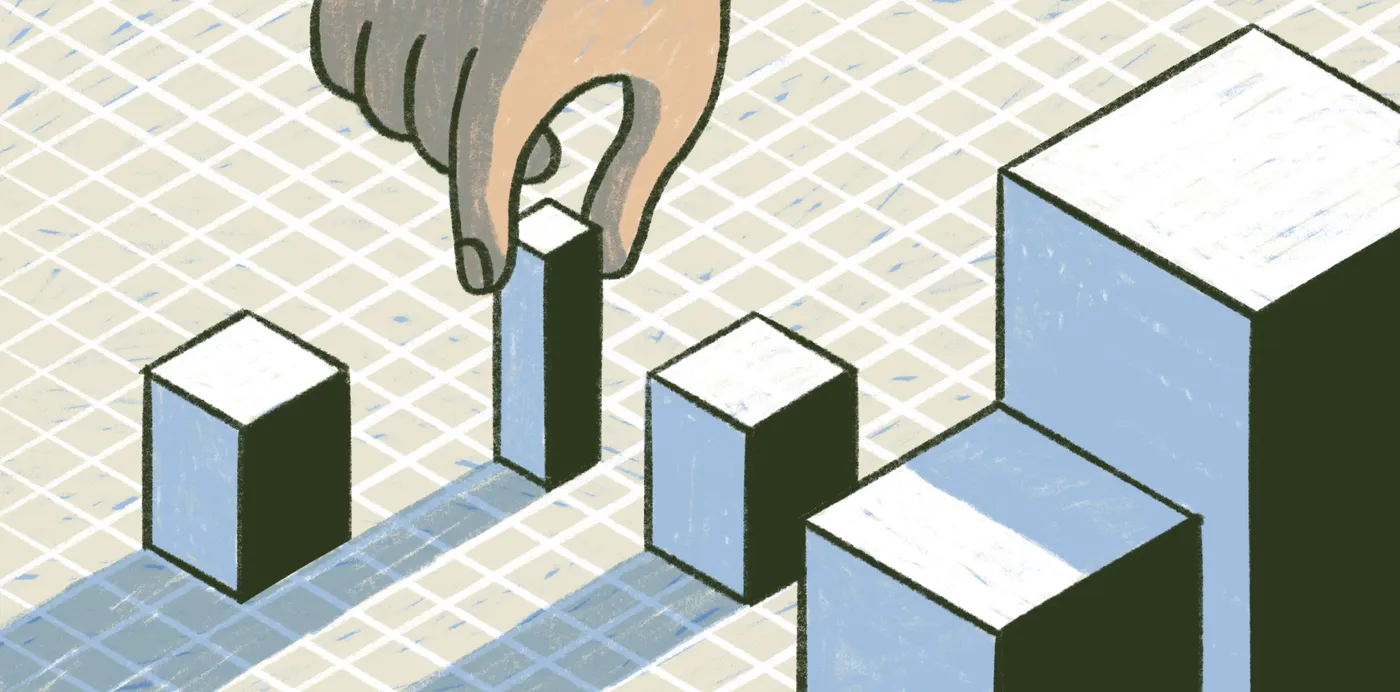 An illustration of a hand placing blocks of different heights on a grid