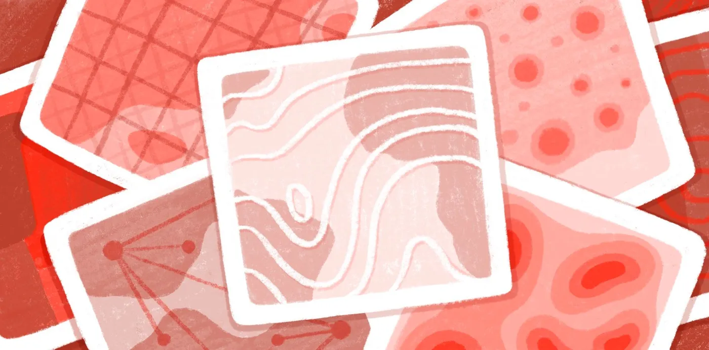 An illustration of overlapping red map tiles patterned with grids, contour lines, dots and connected points