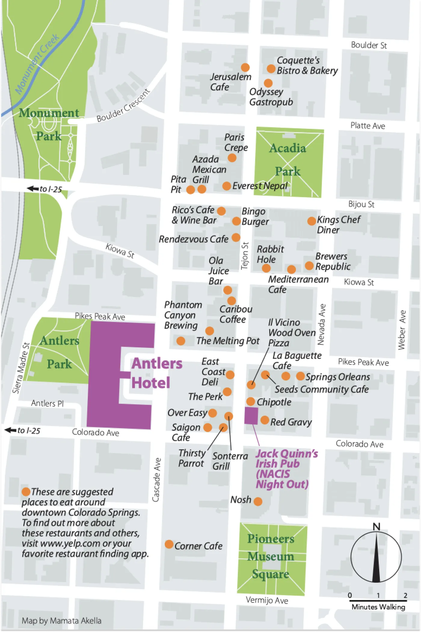 A street map of downtown Colorado Springs marking suggested restaurants near the Antlers Hotel for the NACIS conference