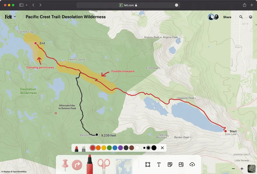 A Felt map of a Pacific Crest Trail route through Desolation Wilderness, drawn and annotated by hand