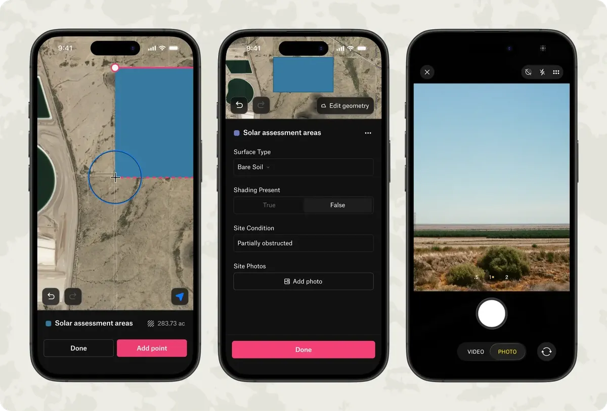 Three phones in the Felt Field App, outlining a solar assessment area, filling in its survey form, and taking a site photo