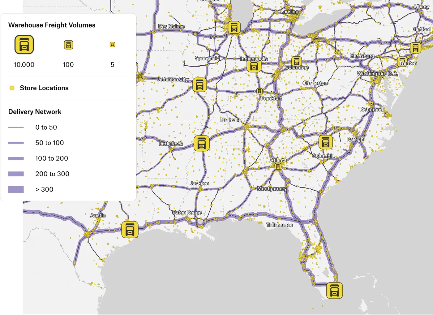 A delivery network map of the southeastern US, with warehouse icons sized by freight volume, store locations, and routes weighted by volume