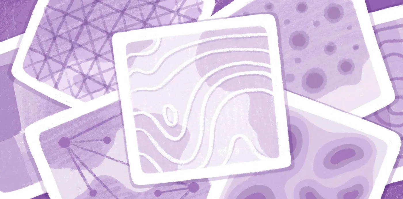 An illustration of overlapping purple map tiles patterned with grids, contour lines, dots and connected points