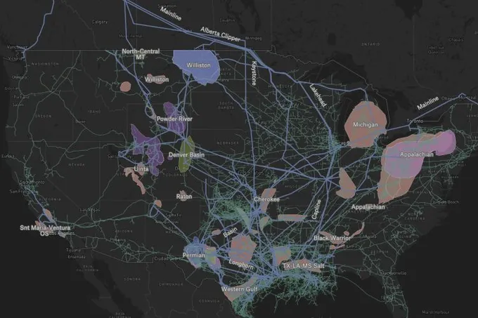 A Felt map of US energy infrastructure on a dark basemap, showing pipelines and named oil and gas basins