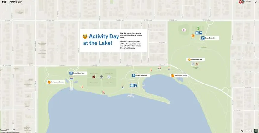 A Felt map of a lakeside park for an activity day, using parking, sports, restroom and food symbols to mark meeting spots