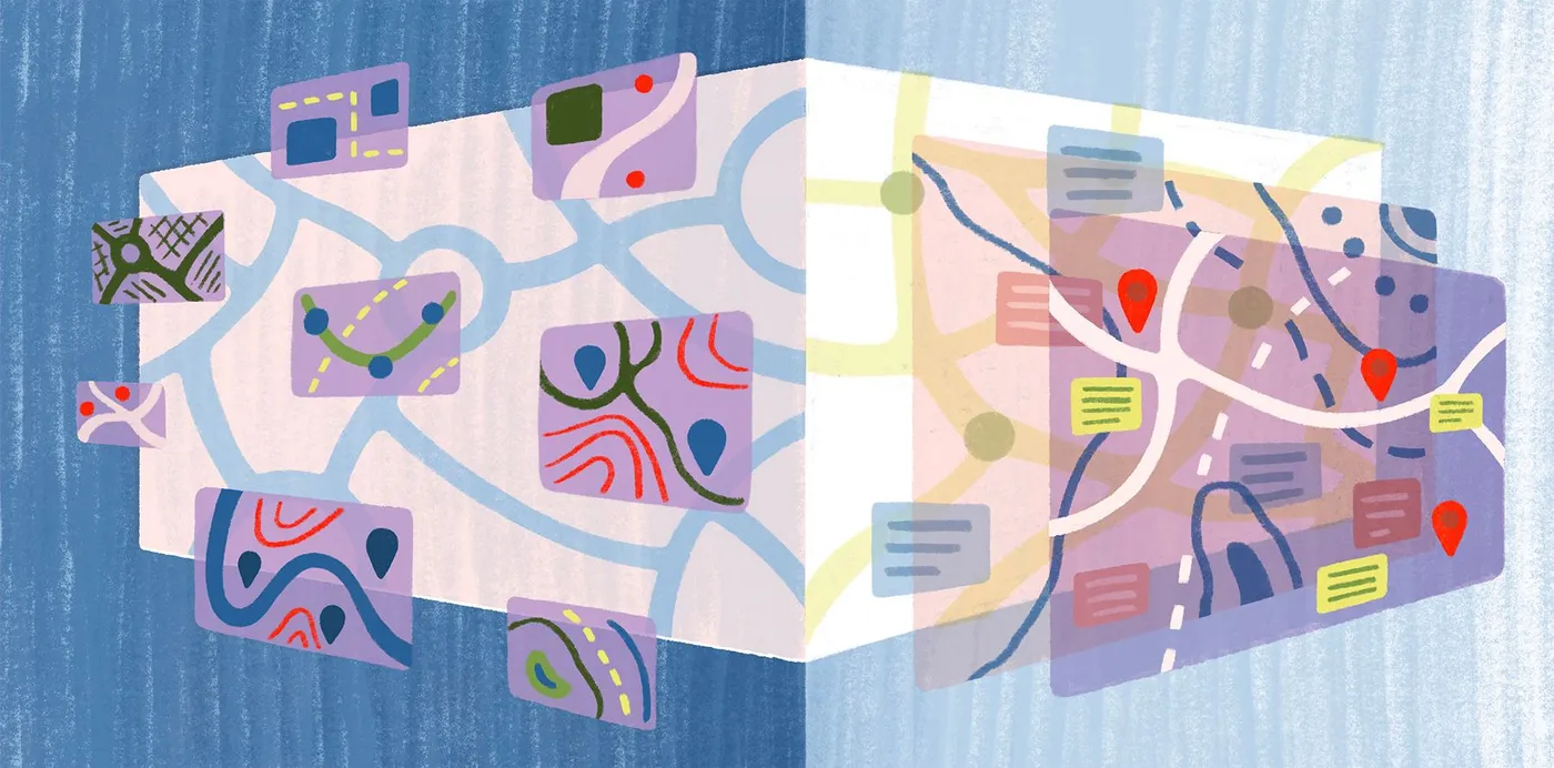 An illustration of a map folding from a plain street network into layered map panels with pins, lines and labels