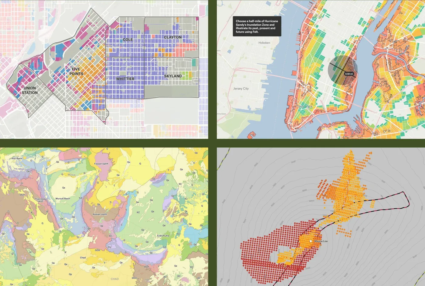 A grid of four Felt maps: Denver neighborhoods, Hurricane Sandy flooding in New York, a geological map and a Mauna Loa lava flow