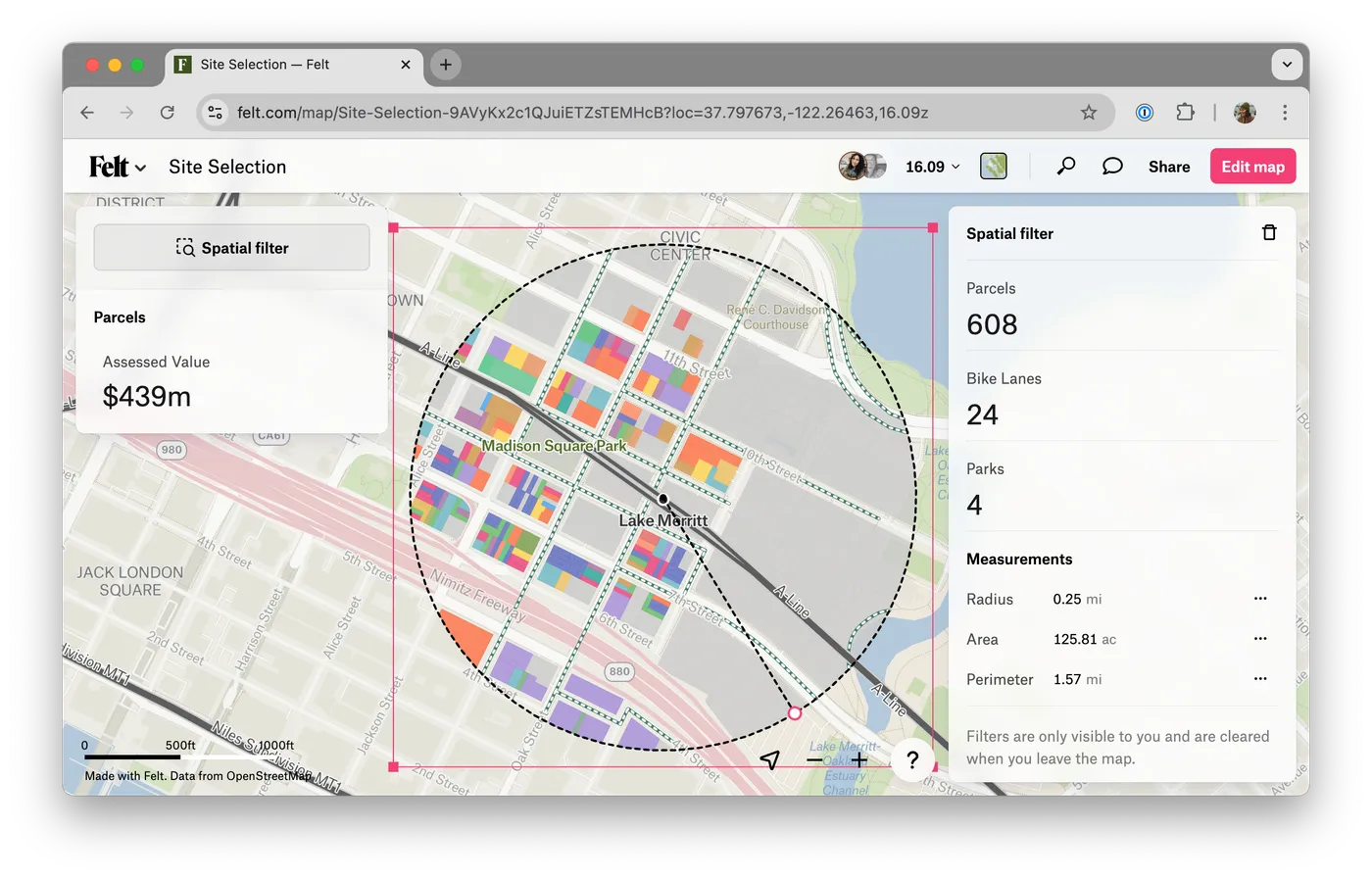A spatial filter drawn as a circle around Lake Merritt in Oakland, with counts of parcels, bike lanes, and parks inside it and their total assessed value