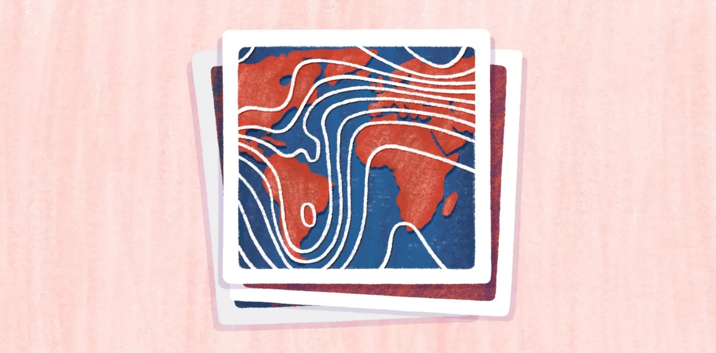 An illustration of a stack of instant photos, the top one showing a red and blue world map with white contour lines