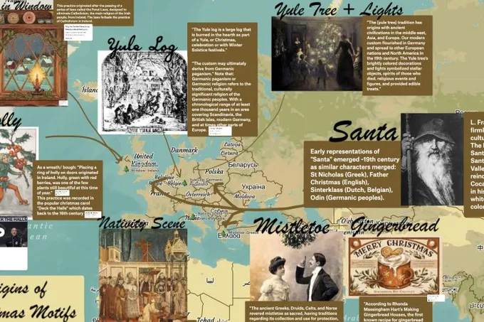 A vintage-style Felt map of Europe annotated with the origins of Christmas motifs like the Yule log, mistletoe and Santa