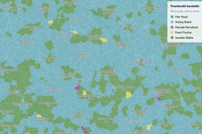 A Felt map of Czech presidential election results by district, colored by winning candidate