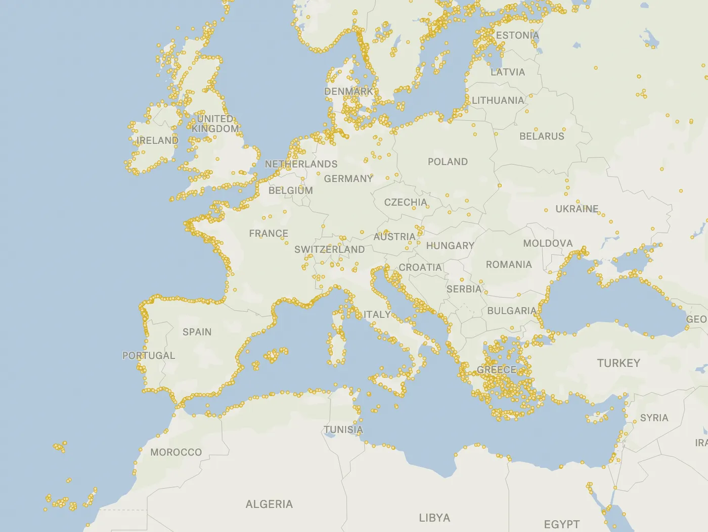 A Felt map of Europe with yellow dots marking lighthouses along the coastlines