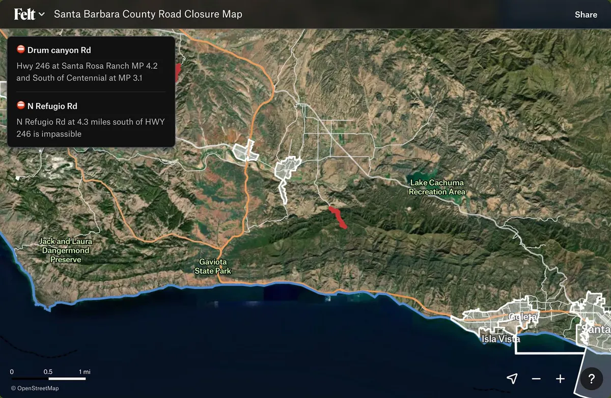 Santa Barbara County's public road closure map in Felt: closed roads marked in red over satellite imagery, each closure described in a panel