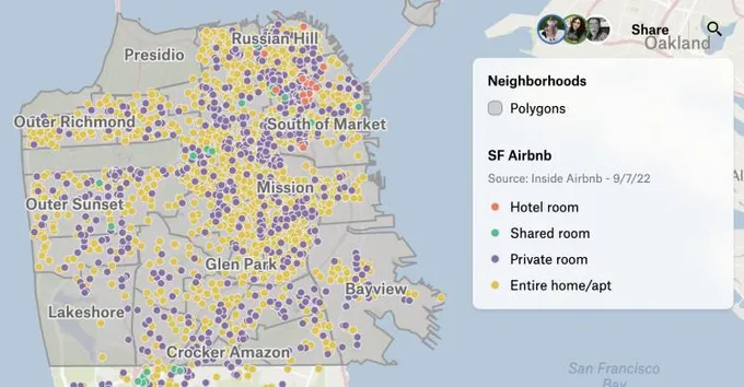 A Felt map of San Francisco Airbnb listings colored by room type, drawn above neighborhood boundaries