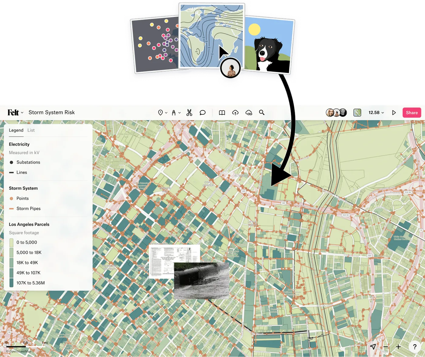 Point data, a weather map and a photo dragged onto a Felt map of Los Angeles parcels and storm pipes