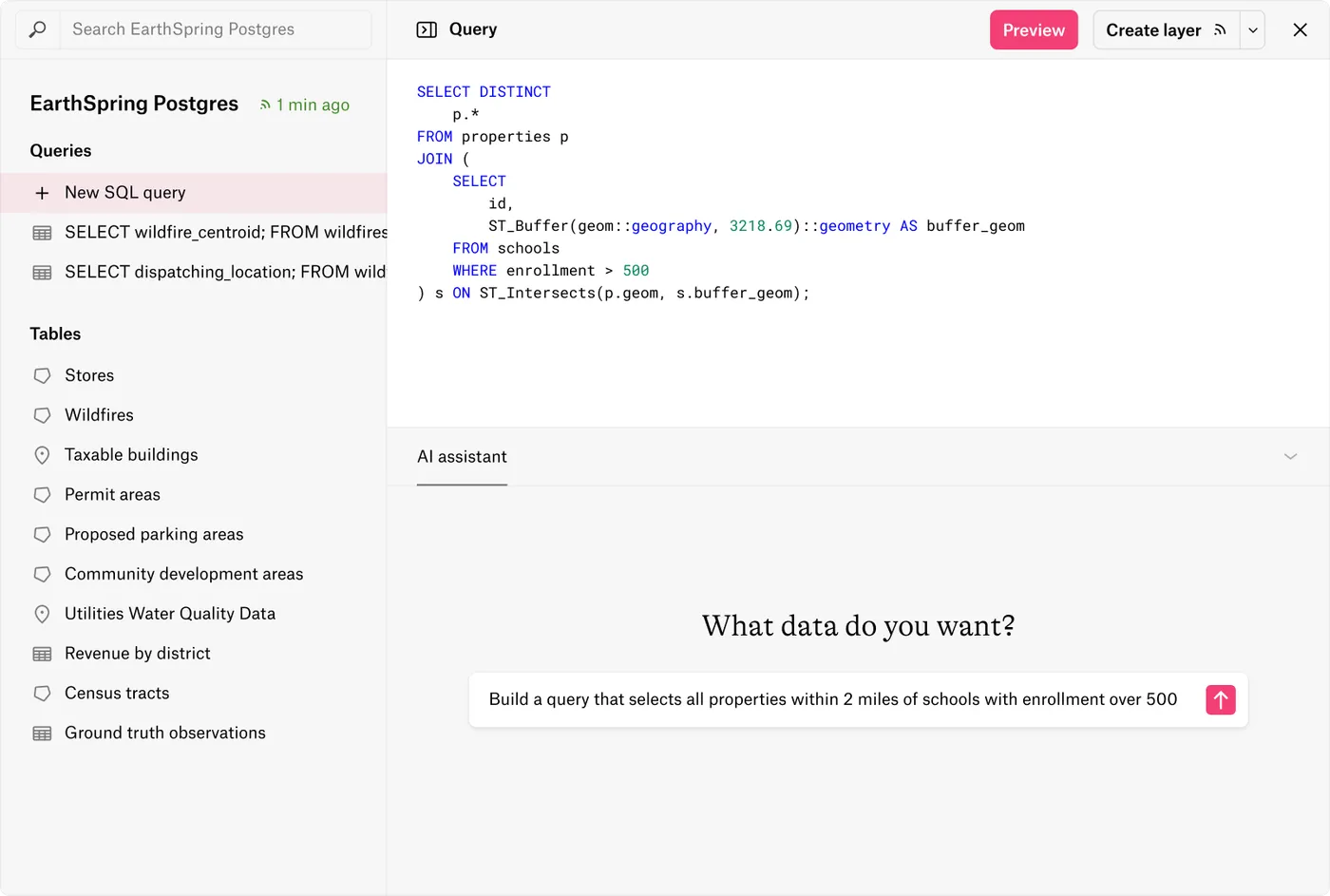 Felt's query editor on a Postgres source, where the AI assistant has written SQL to select every property within 2 miles of a school with more than 500 students