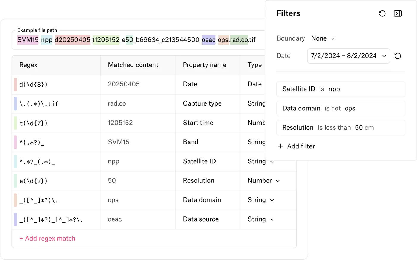 Felt's regex metadata filtering parses file paths to automatically extract and filter your raster catalog by specific attributes like capture type and date, streamlining data discovery.