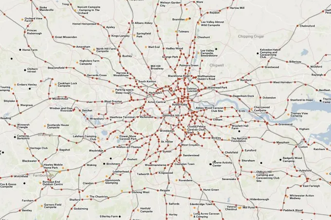 A Felt map of campsites around London connected by a dense network of rail lines and stations