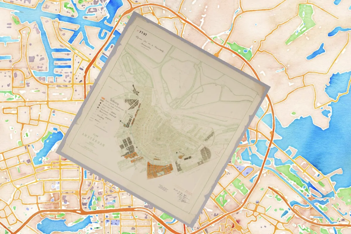 A georeferenced 1747 plan of Amsterdam overlaid on a watercolor-style map of the modern city