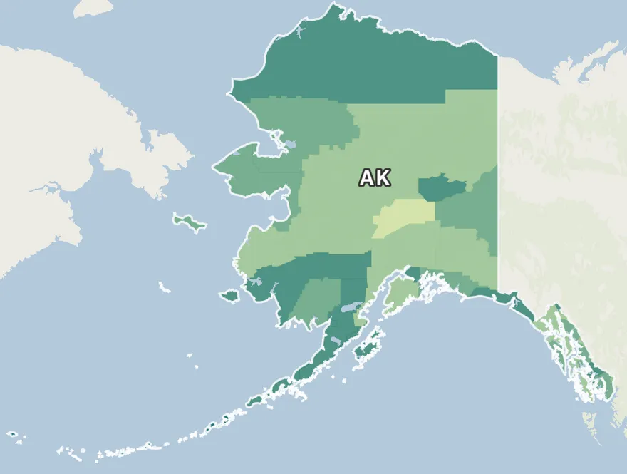 The same renter-occupied housing choropleth, showing Alaska in shades of green