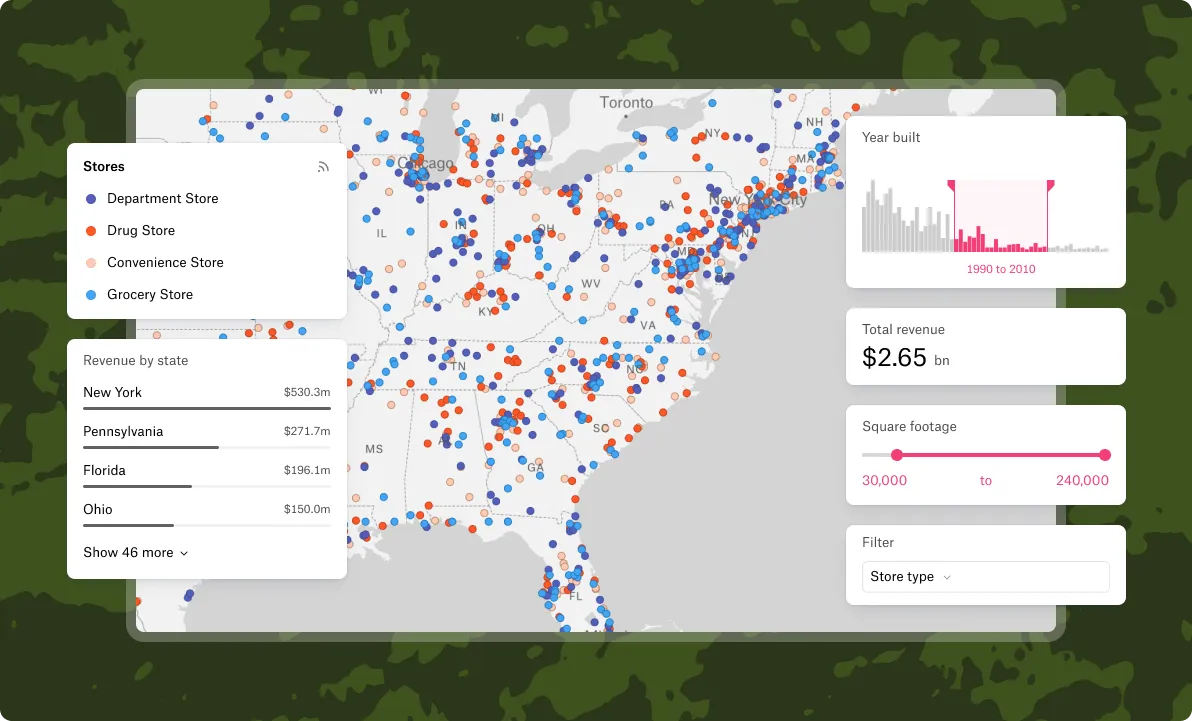 Build live maps and dashboards in minutes for your whole team to use.