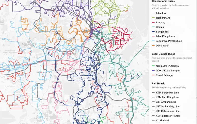 A Felt map of Klang Valley bus routes colored by operator, with rail transit lines in gray