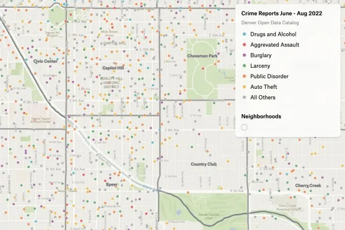 A Felt map of Denver crime reports from June to August 2022 as dots colored by offense type