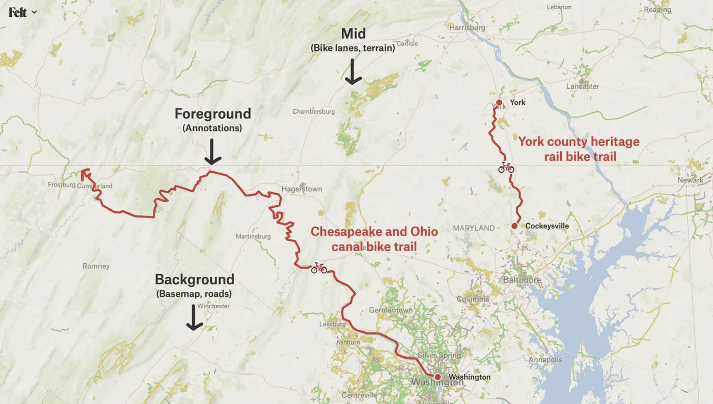 A Felt map of bike trails near Washington DC labeled to show foreground annotations, midground bike lanes and background basemap