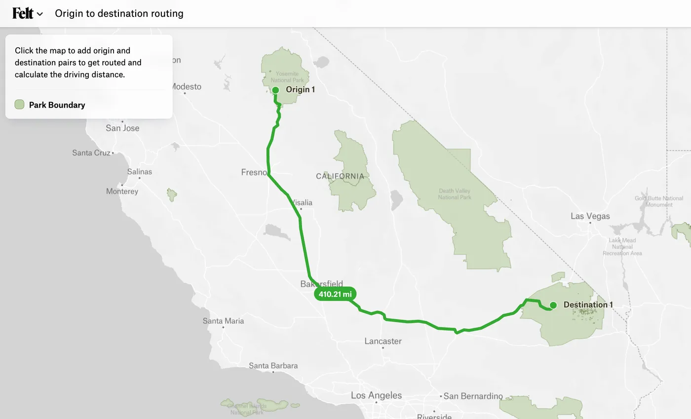 A Felt map routing from an origin to a destination across California, with a driving distance of 410.21 miles