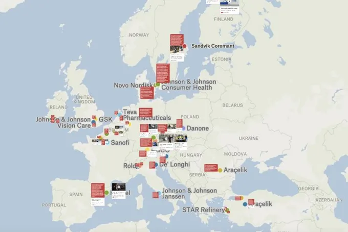 A Felt map of Europe marking advanced factories, such as Sanofi, Danone and GSK sites, with photo cards