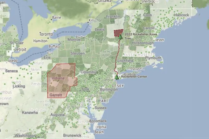 A Felt map of the US Northeast showing Christmas tree farms as green dots and the 2022 Rockefeller Center tree's route